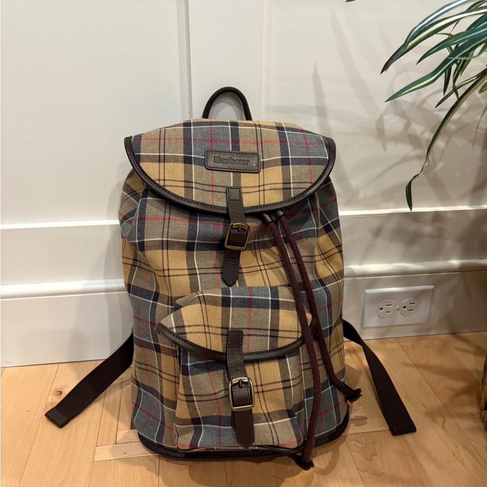 Barbour Classic Plaid Backpack in Tan and Gray